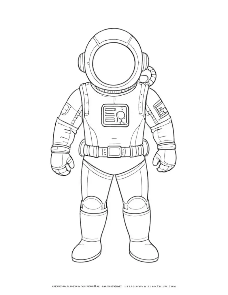 Astronaut suit outline illustration coloring page for kids to enjoy and learn about space exploration. Perfect for educational use and creative activities.