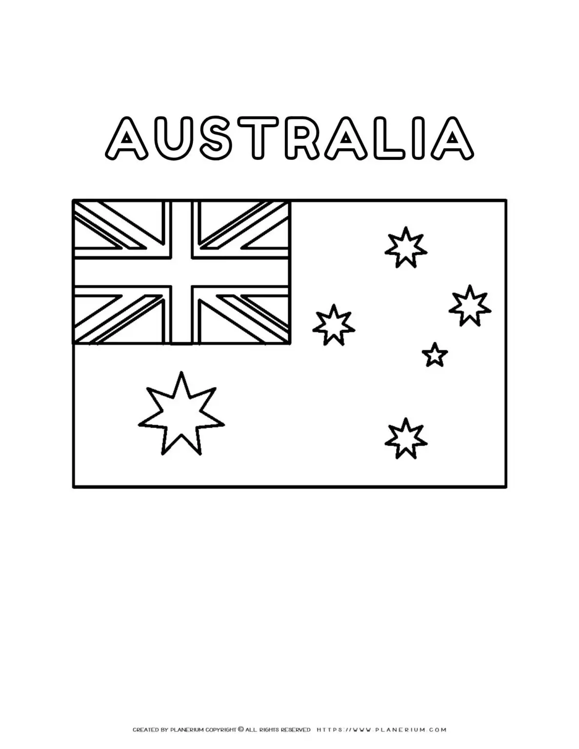 Australian flag coloring page for kids to learn about the national flag of Australia. Perfect for educational activities and patriotic crafts.