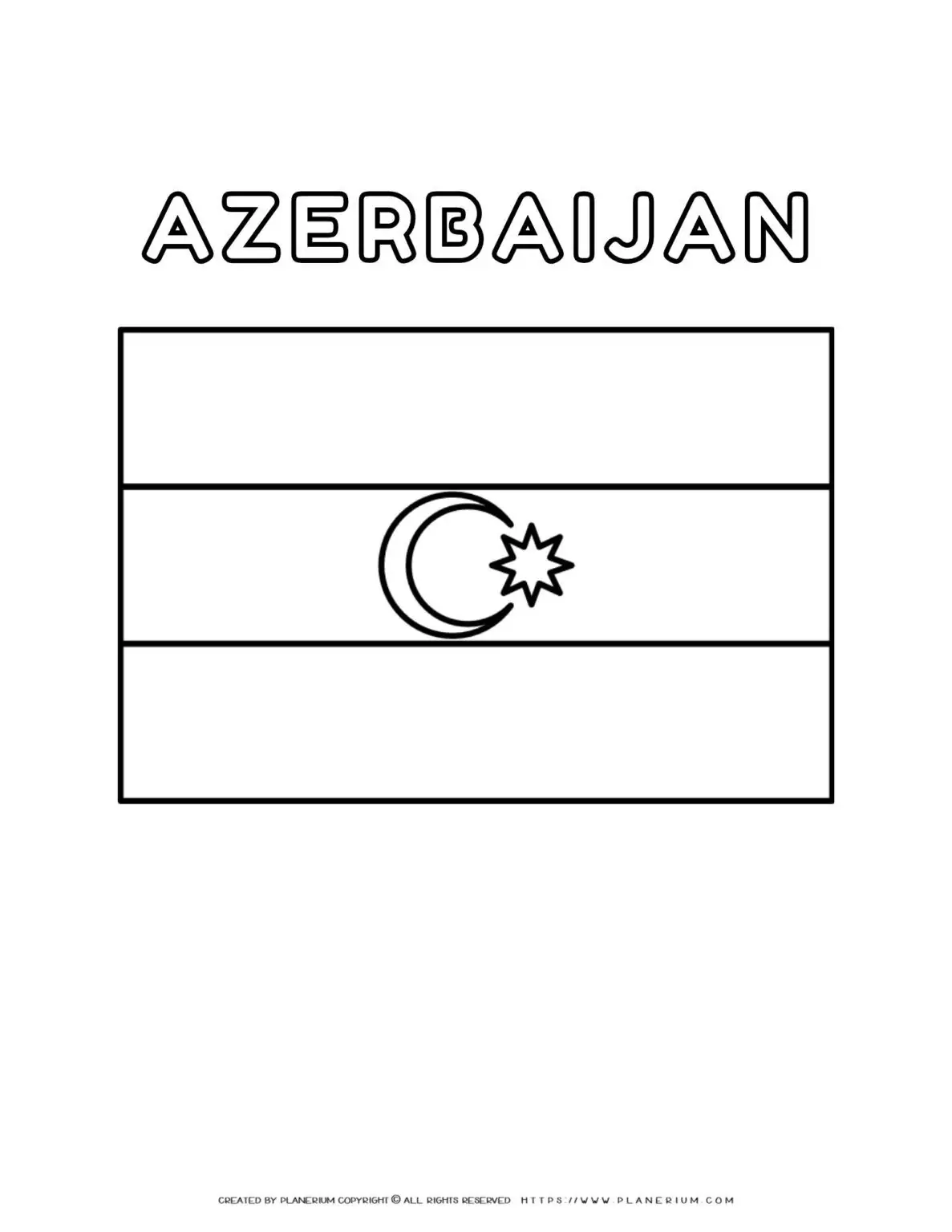 Azerbaijan flag coloring page for kids to learn about national symbols and colors. Perfect for educational activities and patriotic celebrations.