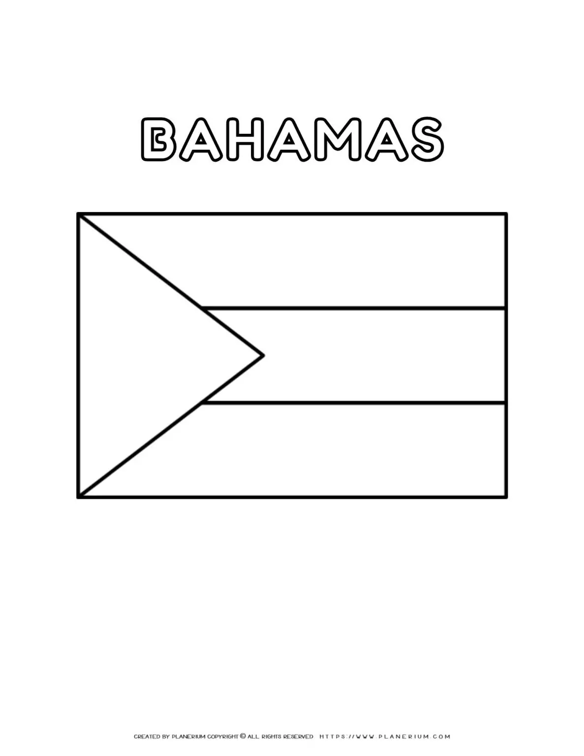 Coloring page of the Bahamas flag for kids to learn about national symbols and colors. Perfect for educational purposes and patriotic activities.