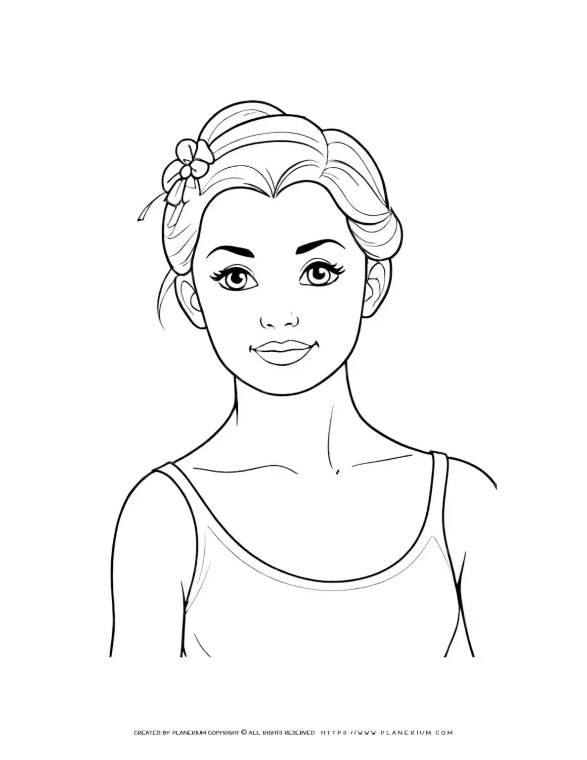 Coloring page of a young woman with a flower