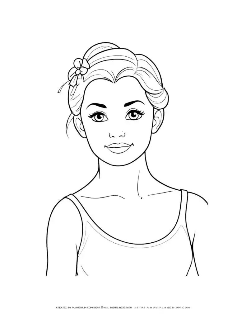 Coloring page of a young woman with a flower