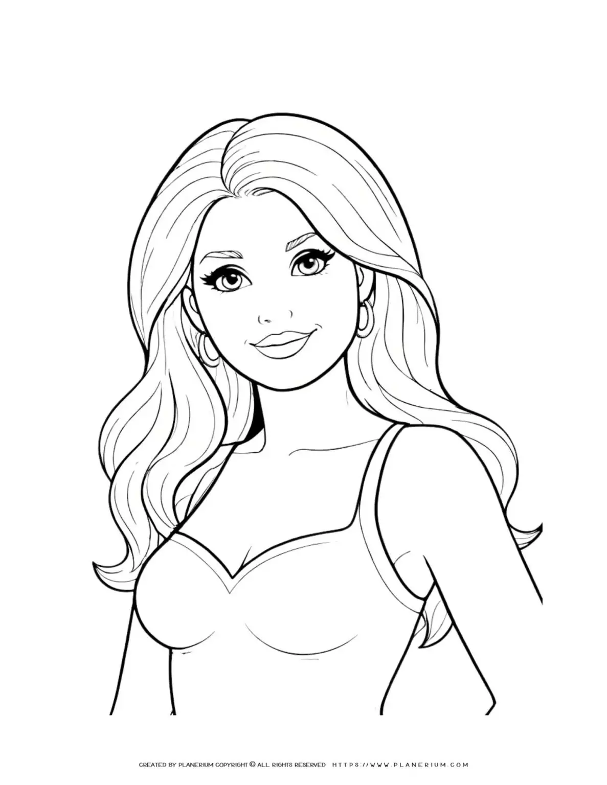 Coloring page of a smiling woman with long hair