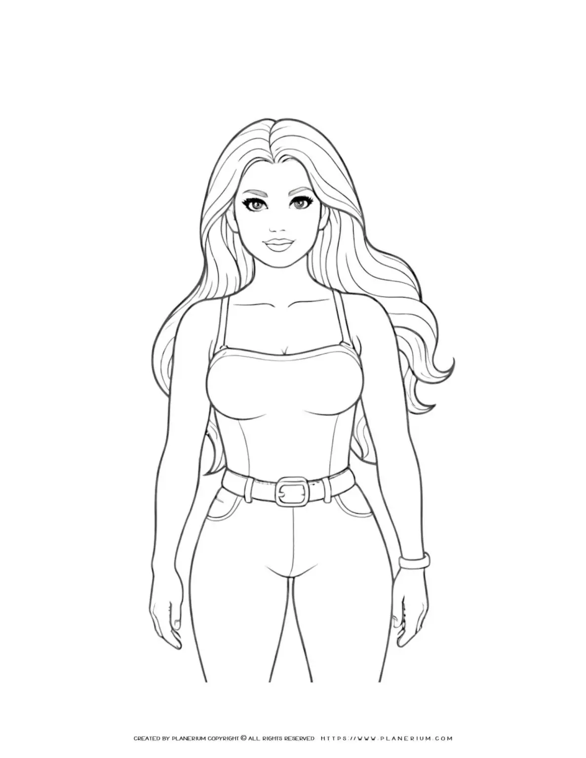 Coloring page of a woman with long hair.