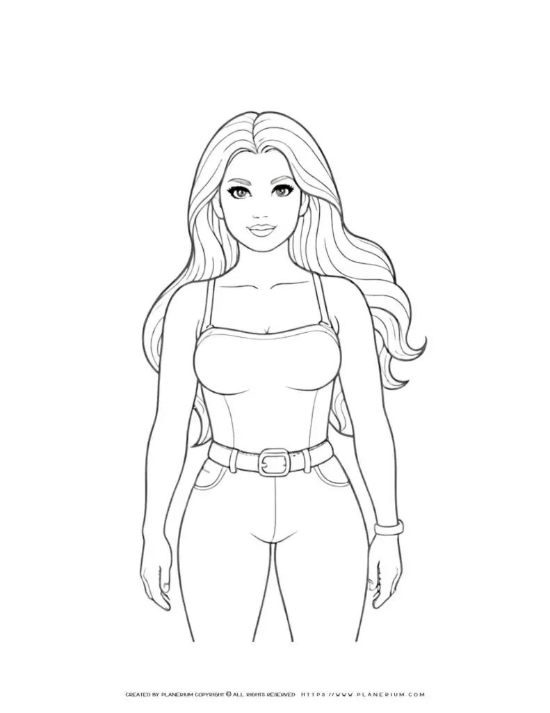 Coloring page of a woman with long hair.