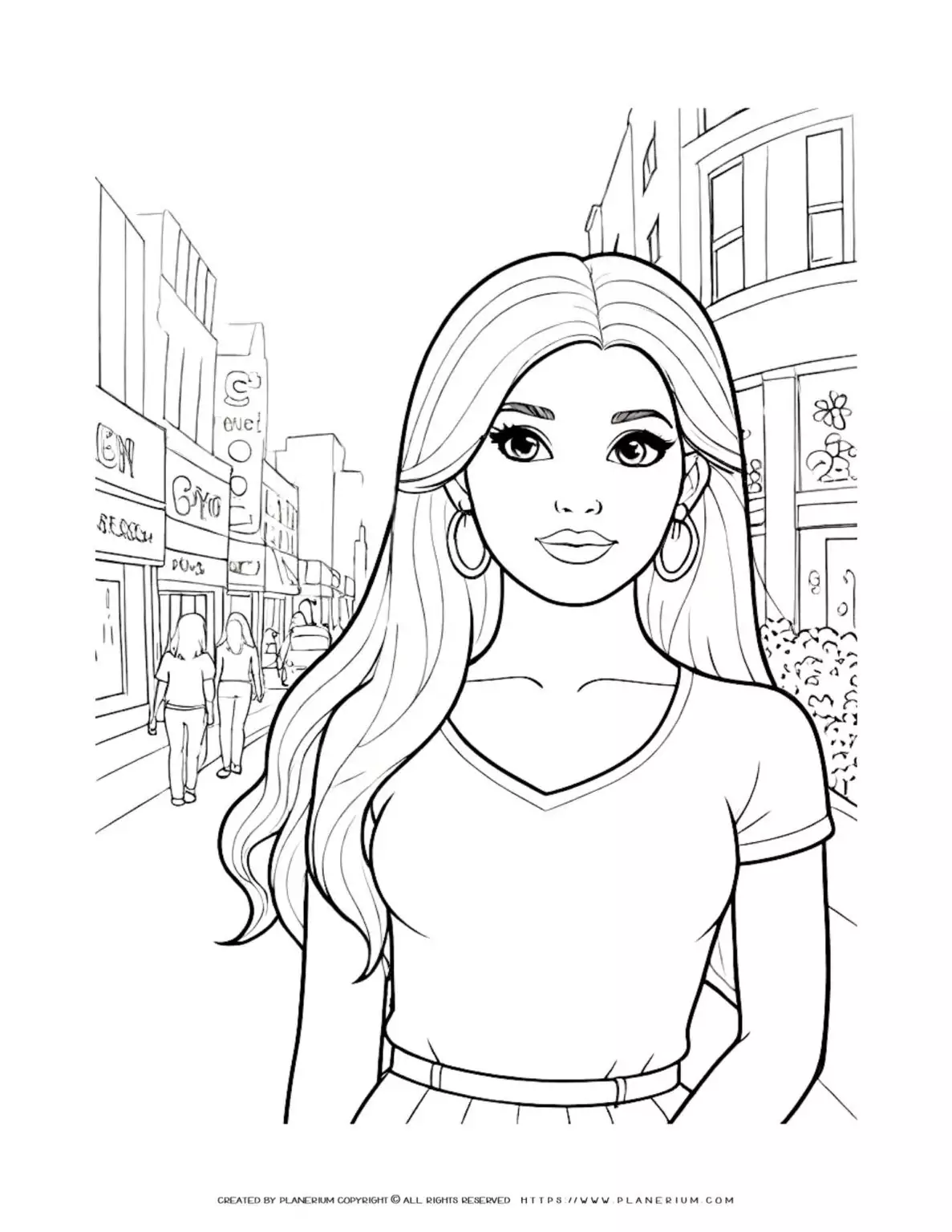 Coloring page of girl walking in city street