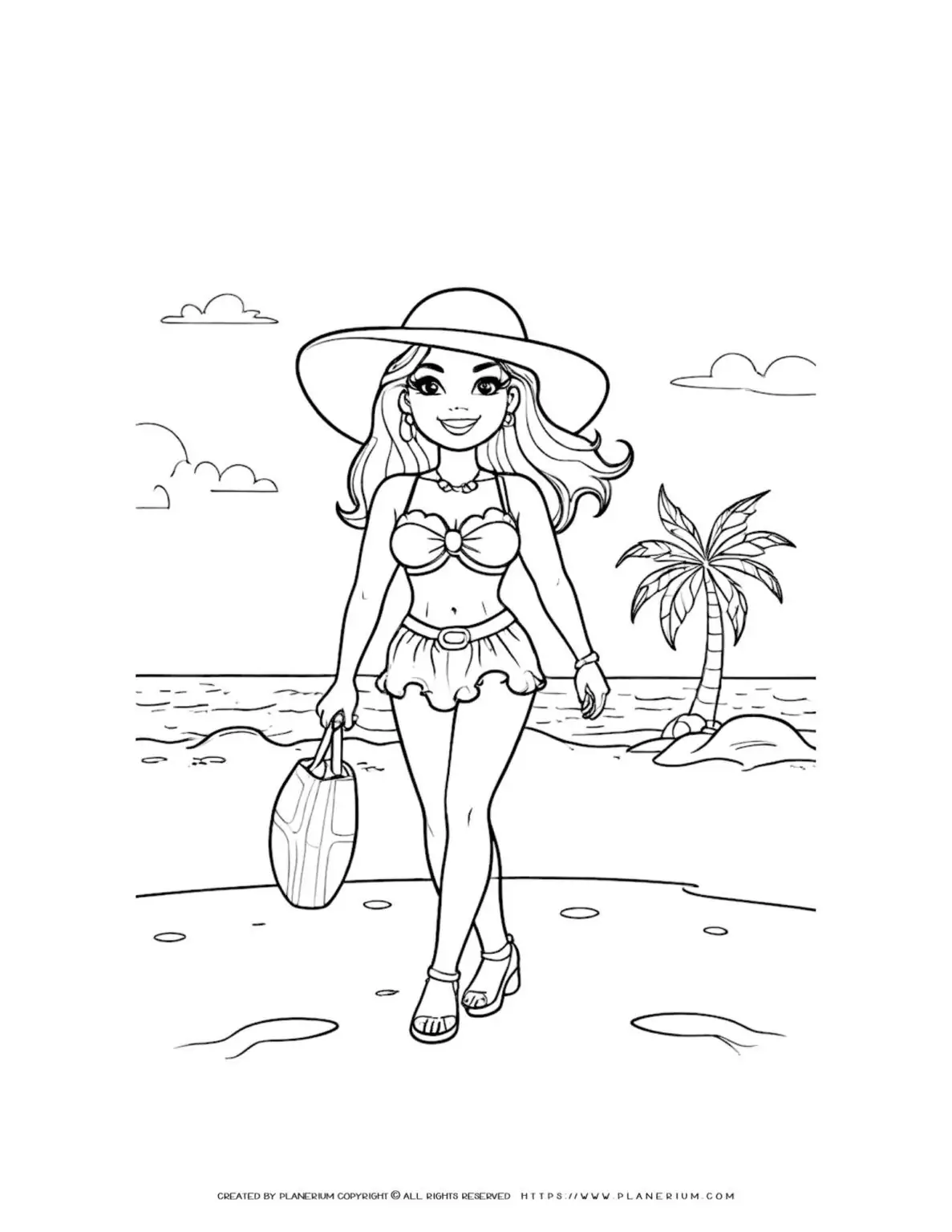 Cartoon woman on beach with hat, bag.