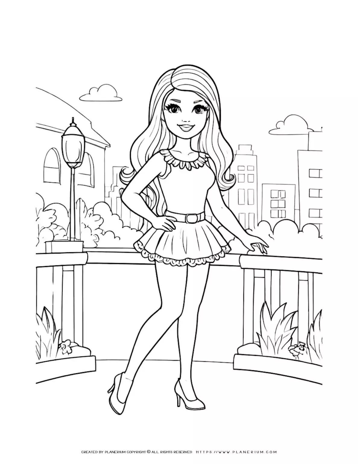 Girl in park with city background coloring page