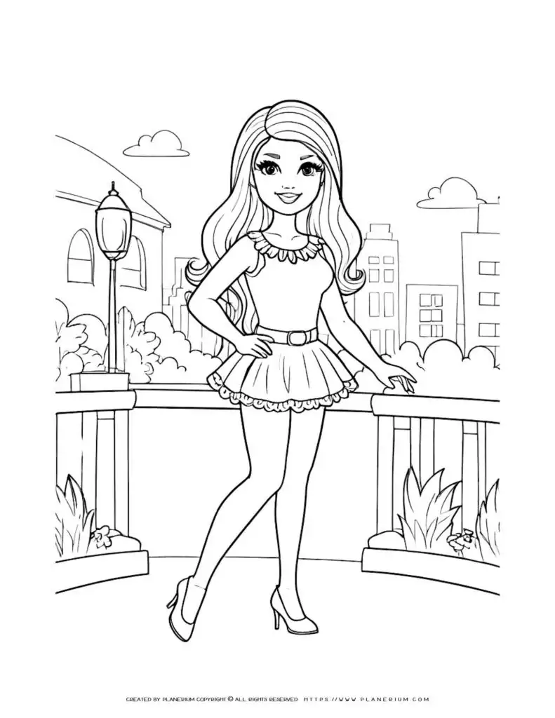 Girl in park with city background coloring page