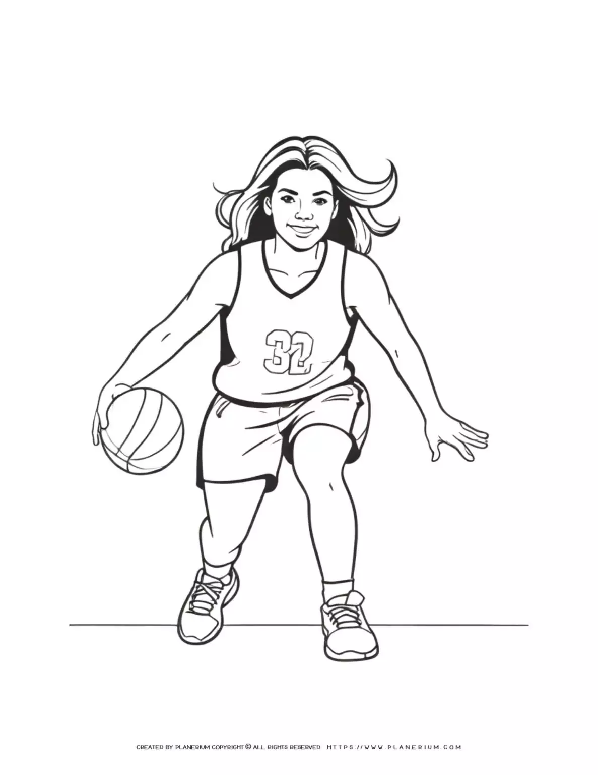 Female basketball player coloring page with action pose, perfect for sports enthusiasts and kids who love basketball.