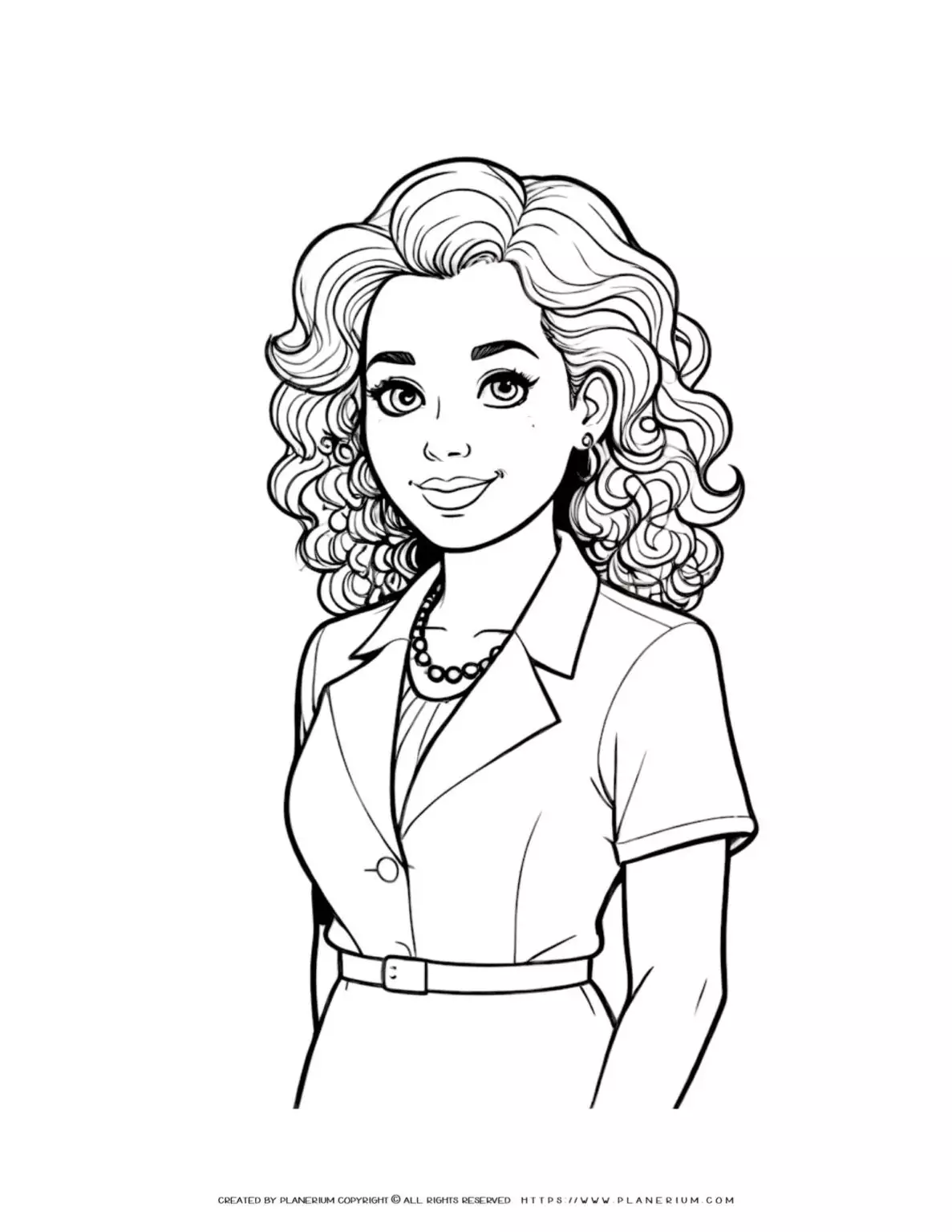 Illustration of a stunning woman with curly hair coloring page, perfect for art enthusiasts and creative minds.