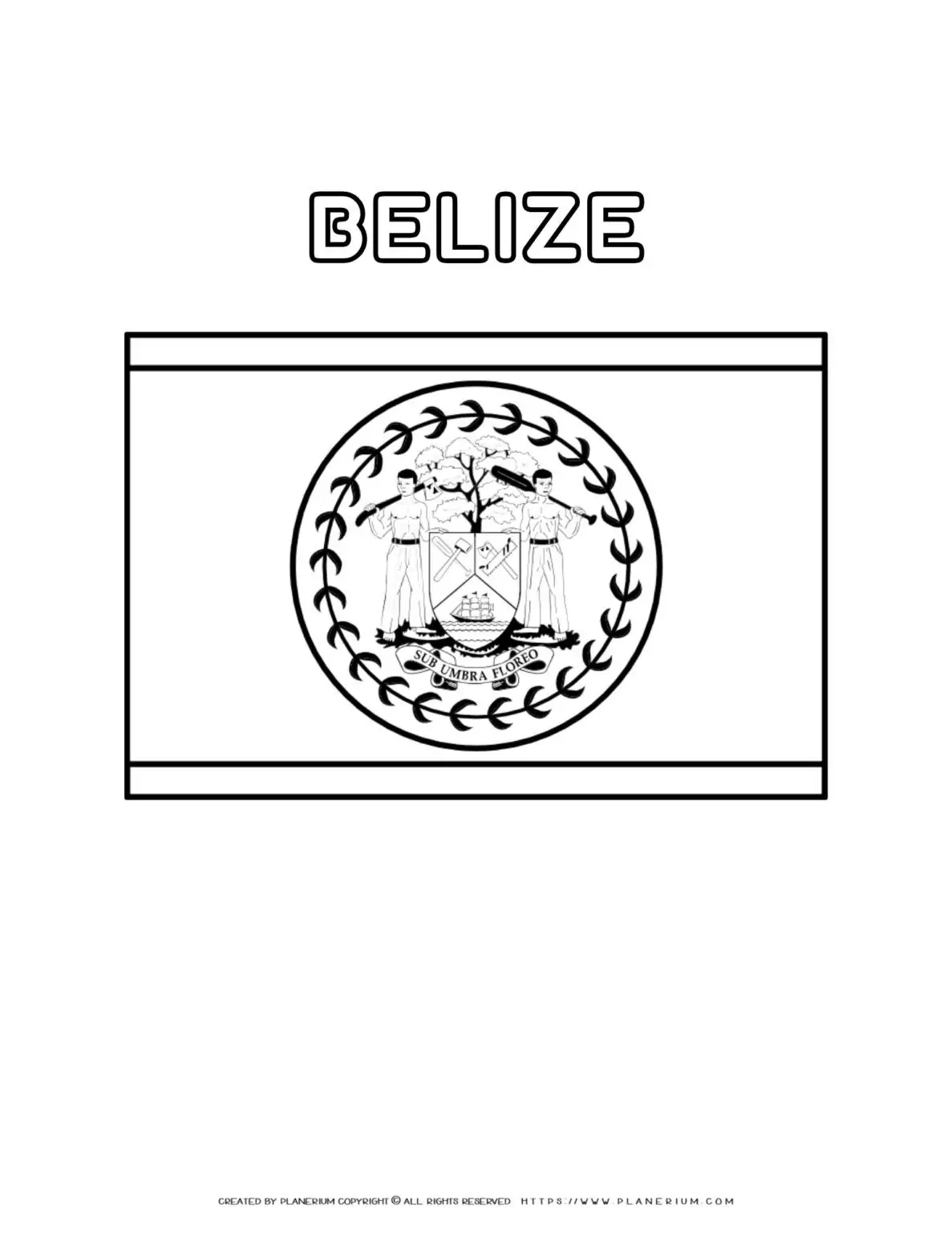 Belize flag coloring page for kids to learn about Central American country's national symbol. Perfect for educational activities and cultural lessons.