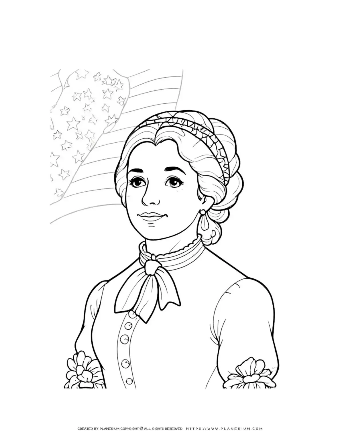 Historical woman with American flag.