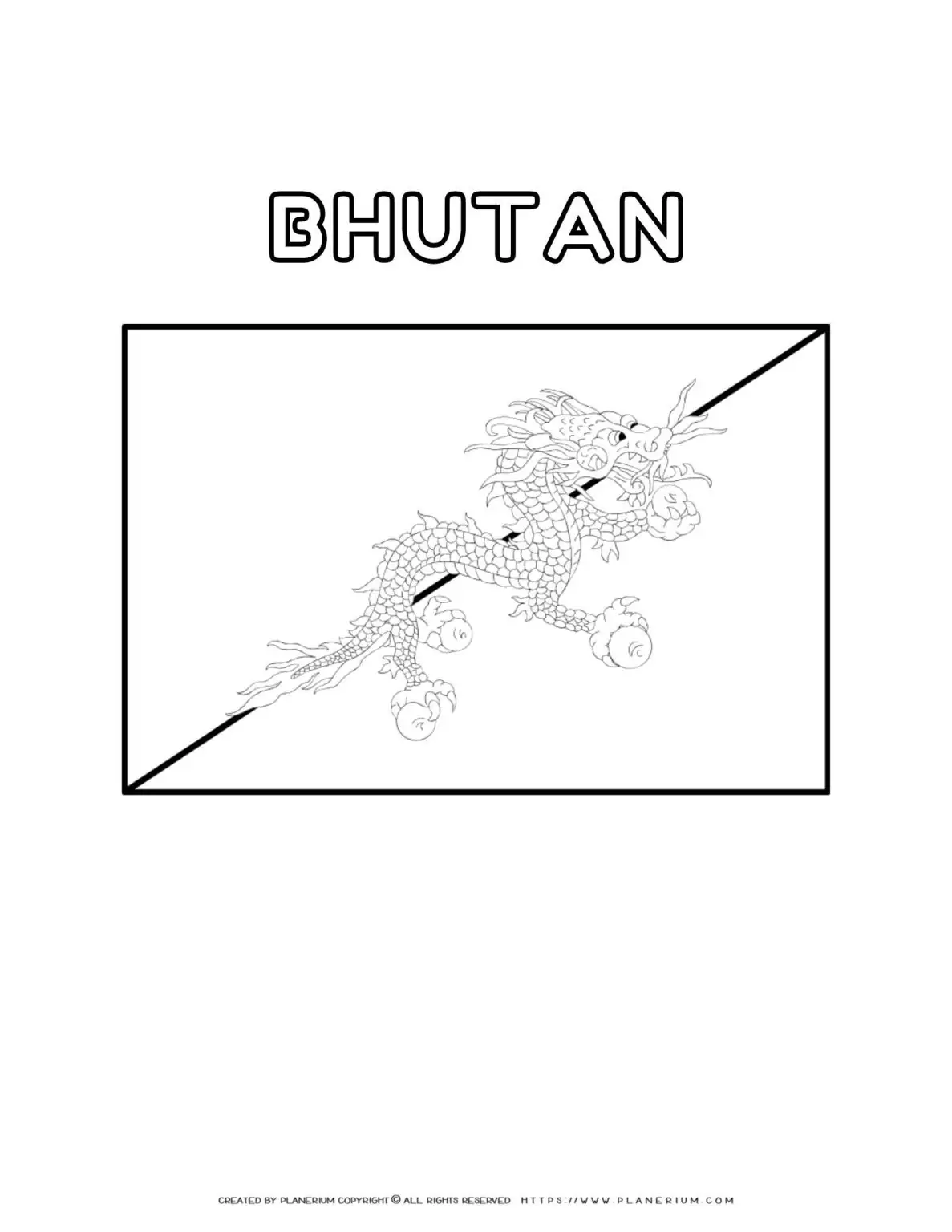 Bhutan flag coloring page for kids to learn about national symbols and colors. Perfect for educational activities and cultural studies.