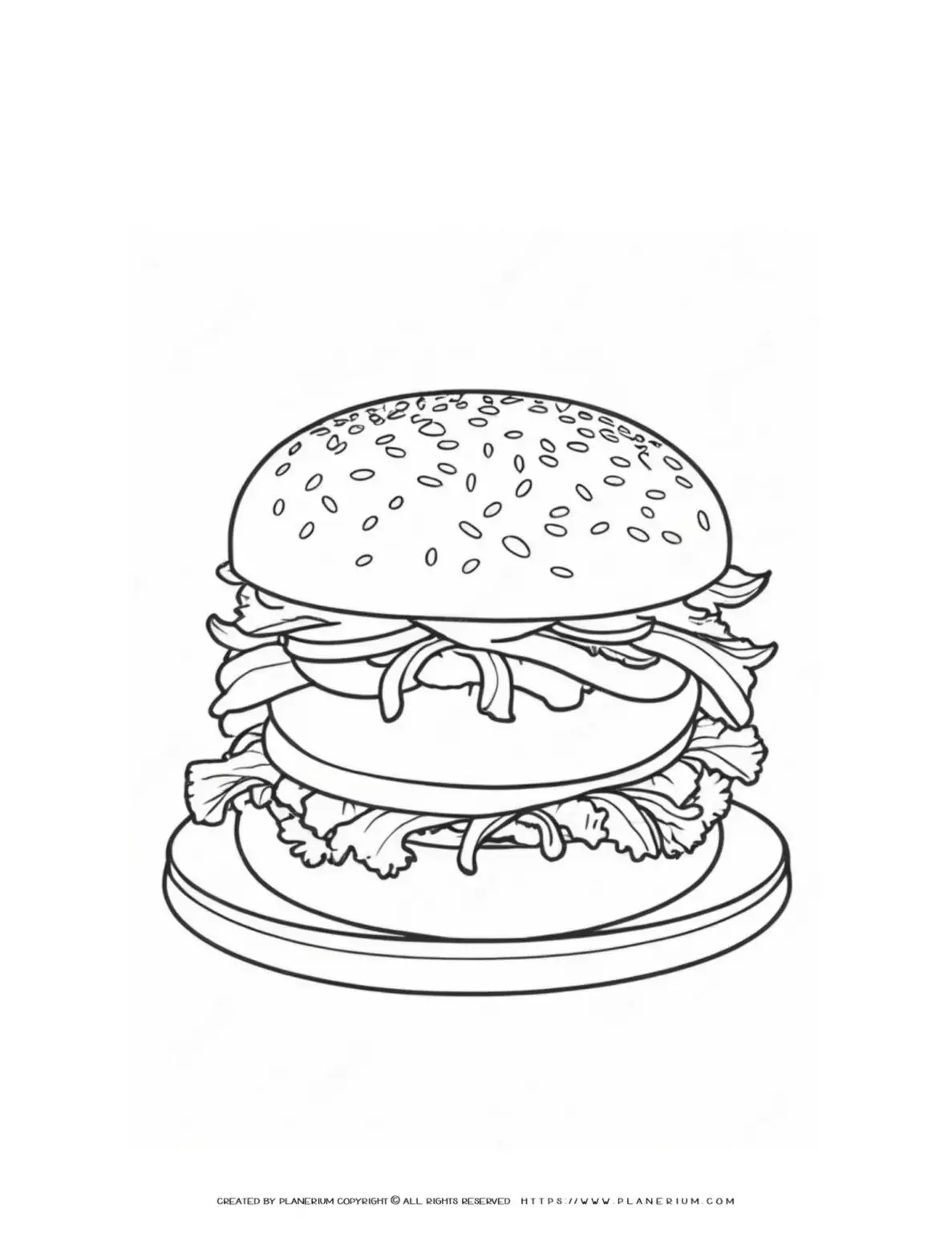 Burger coloring page with lettuce and tomato.