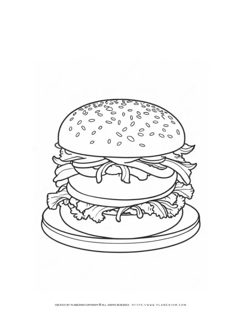 Burger coloring page with lettuce and tomato.