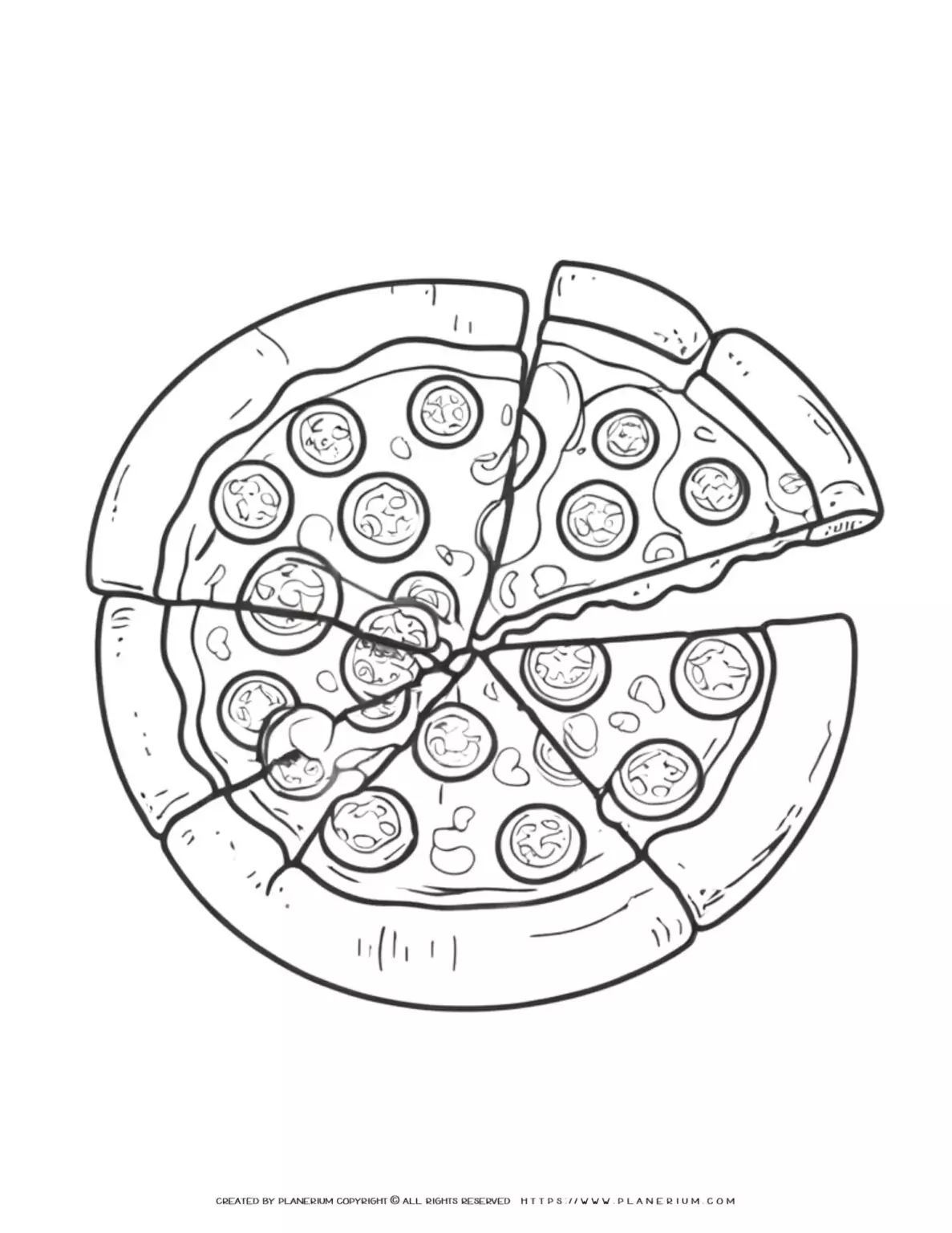 Line drawing of a sliced pizza