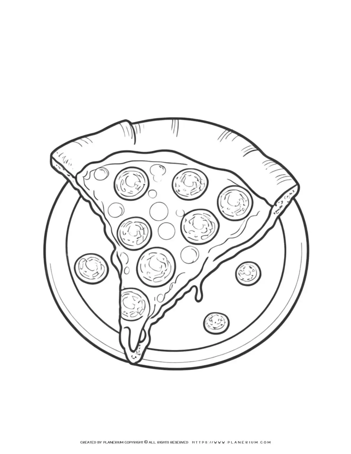 Pepperoni pizza slice on a plate coloring page.