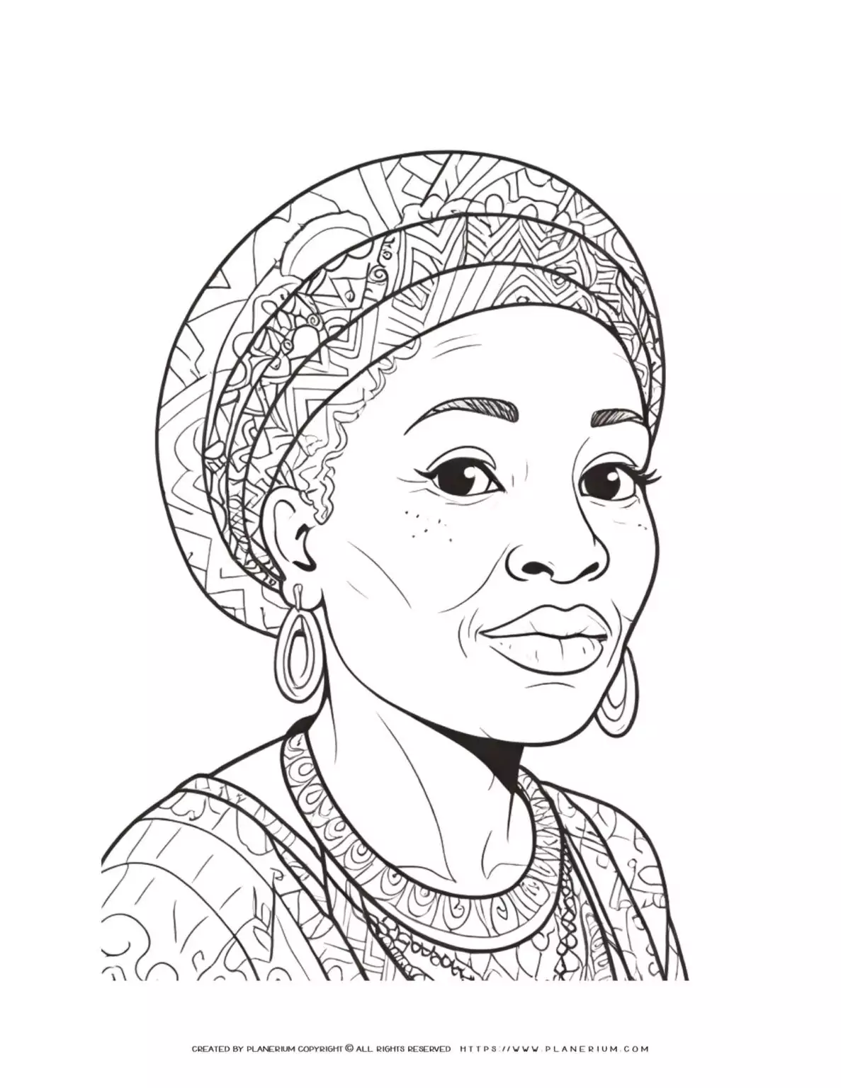 Portrait coloring page of a black woman. Beautiful and detailed design for adults and kids. Ideal for relaxation and creativity.