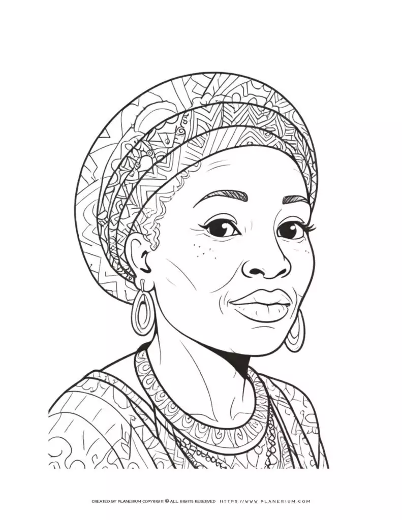 Portrait coloring page of a black woman. Beautiful and detailed design for adults and kids. Ideal for relaxation and creativity.