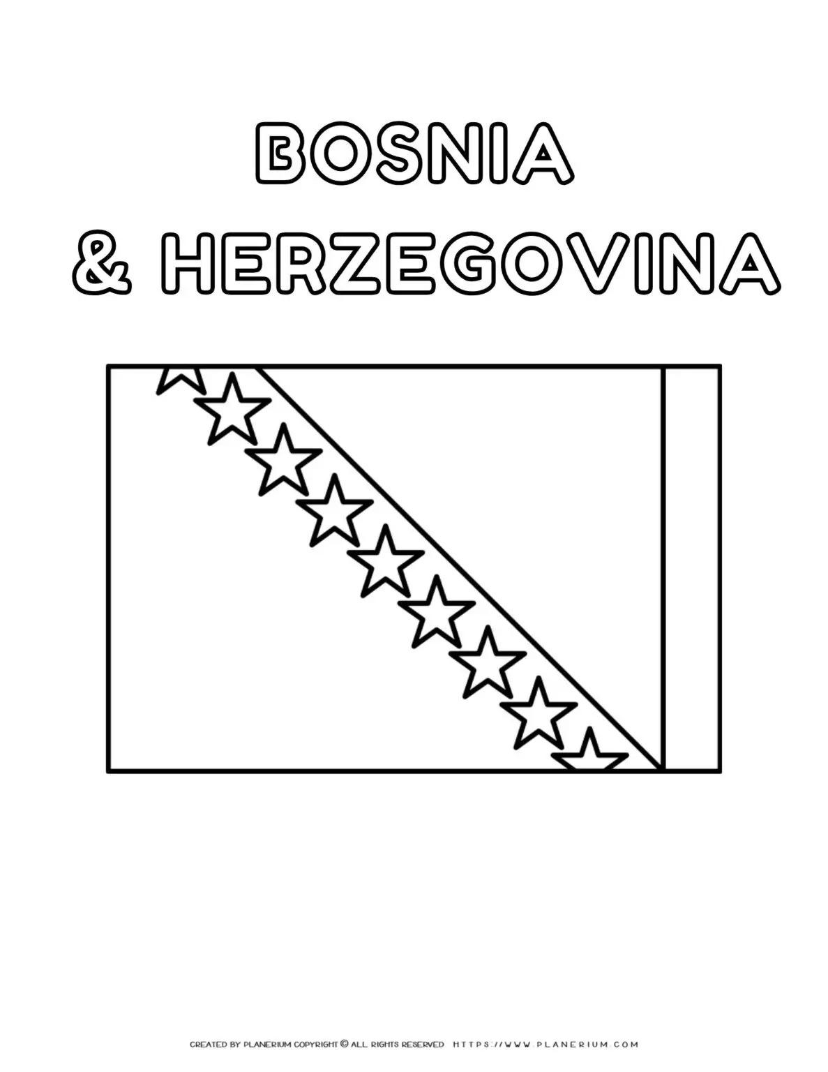 Coloring page of Bosnia and Herzegovina flag for kids to learn about European countries. Educational activity for children.