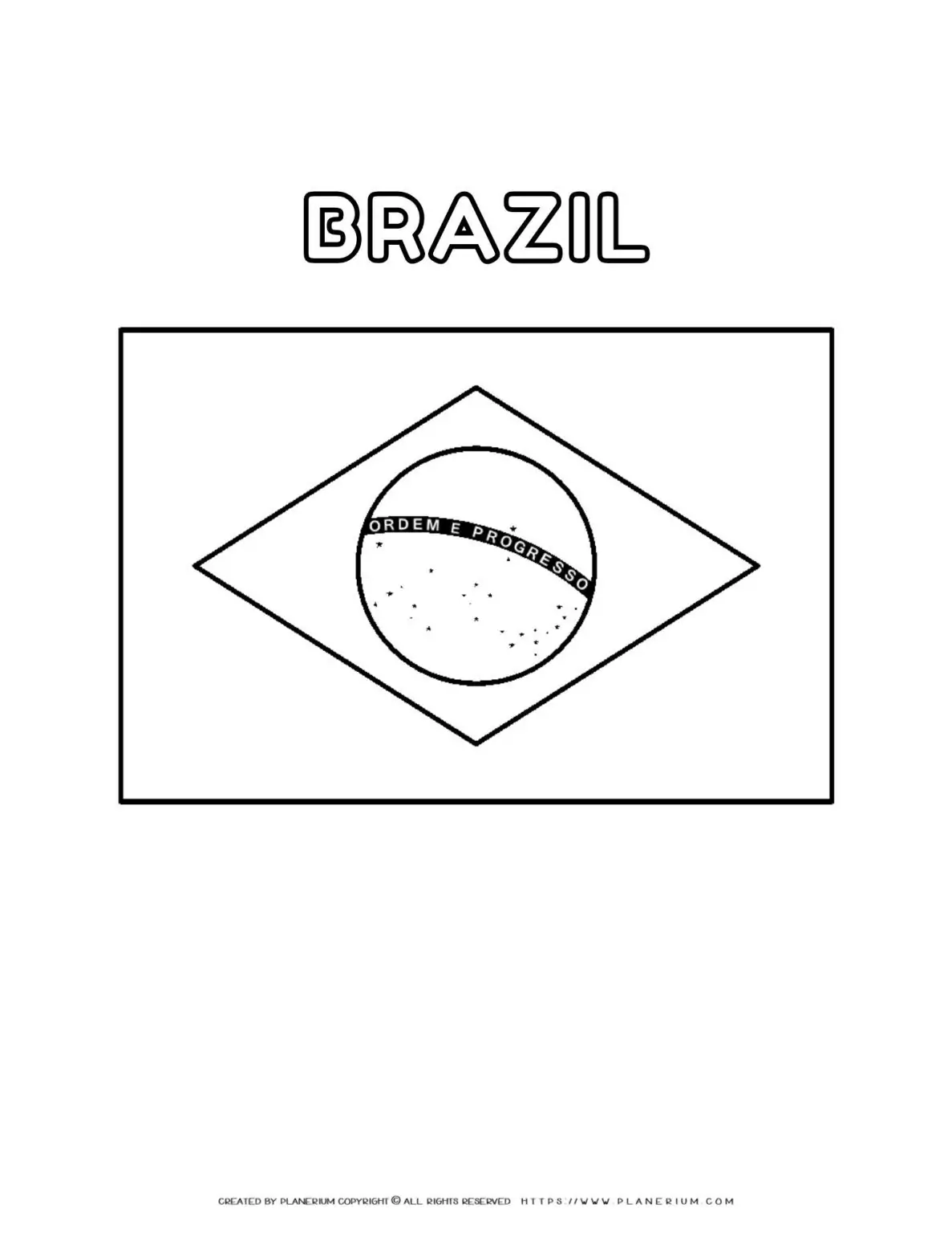 Brazil flag coloring page for kids to learn about South American culture. Printable activity for school or home. Great for geography lessons.
