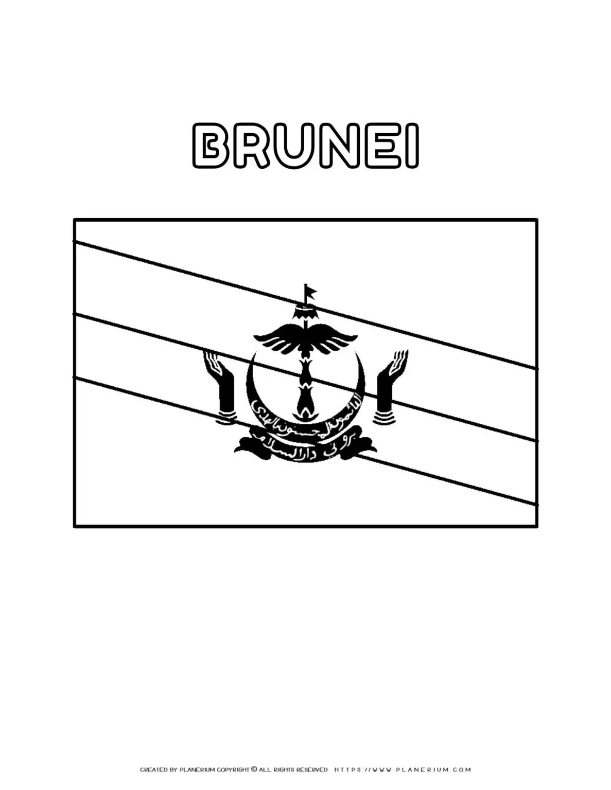 Brunei flag coloring page for kids with printable design. Perfect for learning about Brunei culture and history. Ideal for educational use.