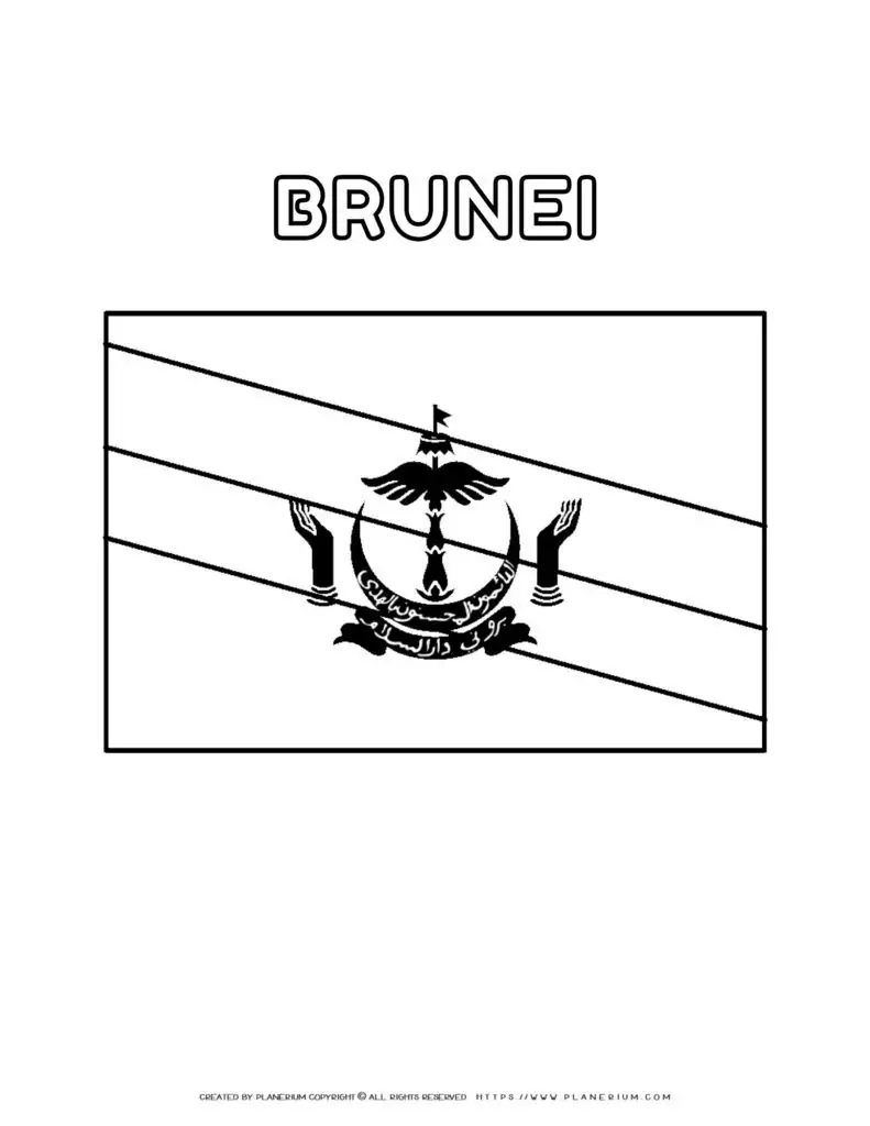 Brunei flag coloring page for kids with printable design.
  Perfect for learning about Brunei culture and history. Ideal for educational
  use.