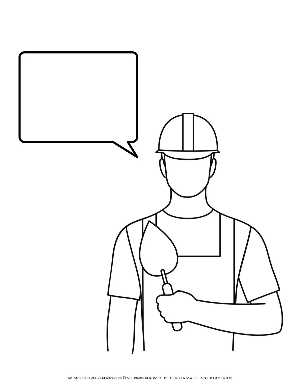 Cartoon construction worker with speech bubble.