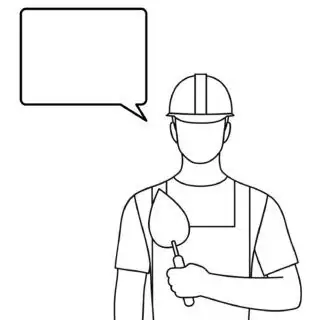 Cartoon construction worker with speech bubble.