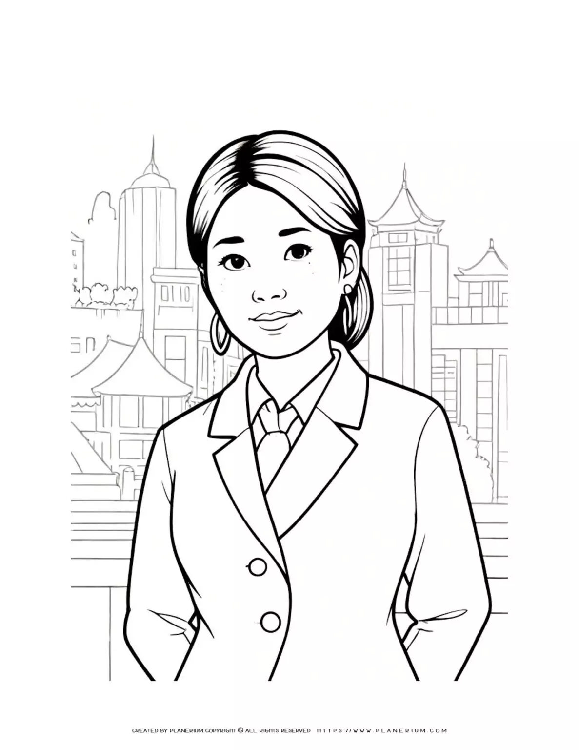 Asian businesswoman illustration with city view background - coloring page for adults. Perfect for stress relief and relaxation.