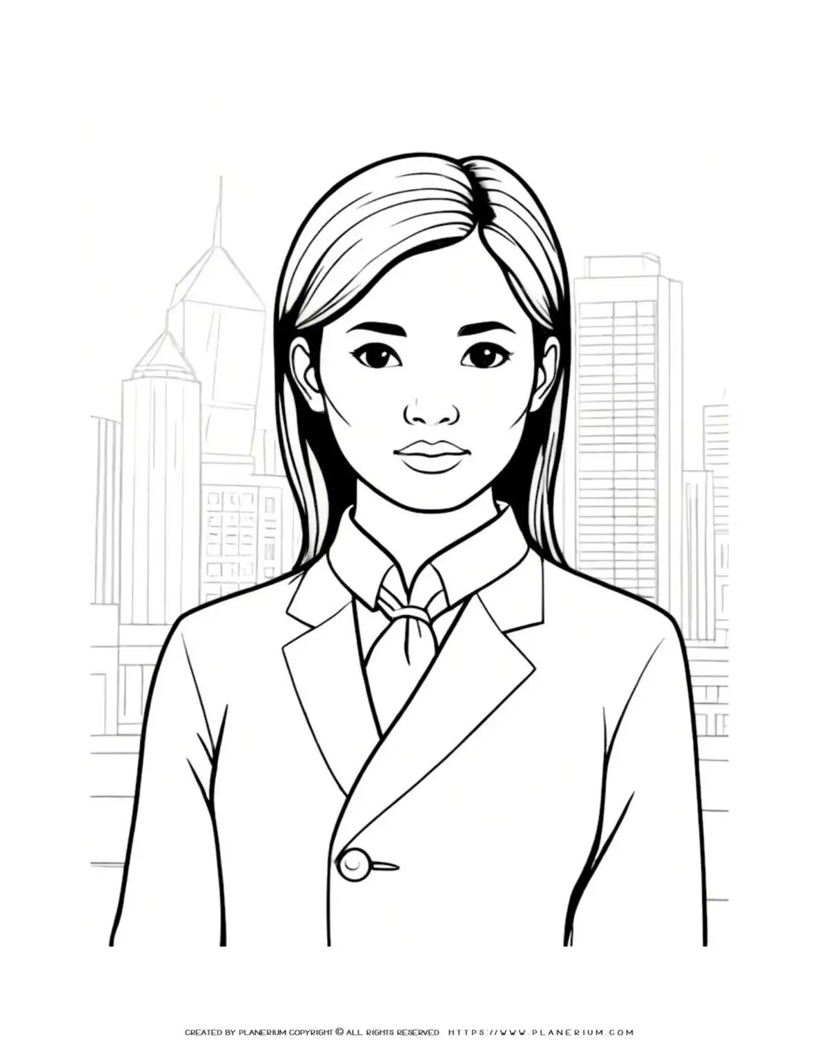 Asian businesswoman illustration with city view background coloring page for adults. Perfect stress relief activity for mindfulness and relaxation.