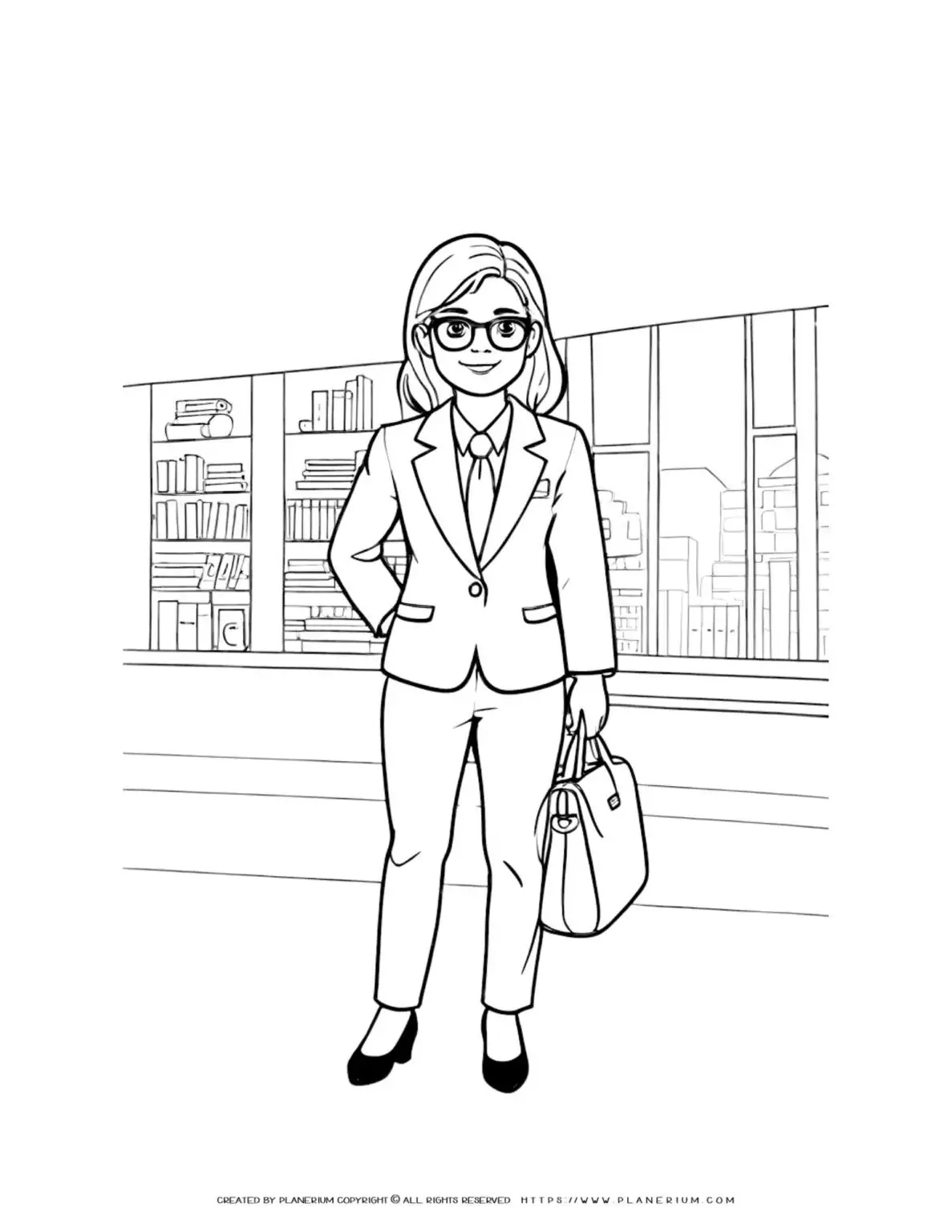 Professional businesswoman standing in an office setting coloring page illustration for adults. Ideal for stress relief and relaxation.