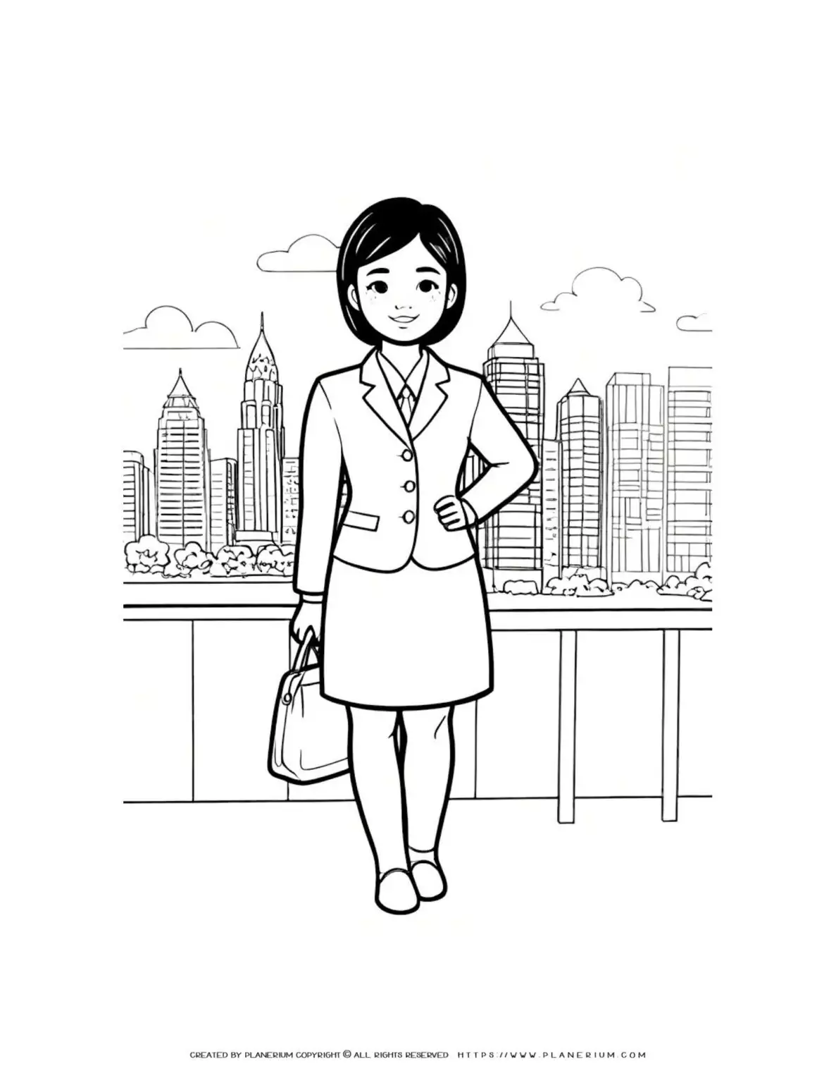 Coloring page of business woman with city skyline background, perfect for stress relief and relaxation. Ideal for adults and kids.