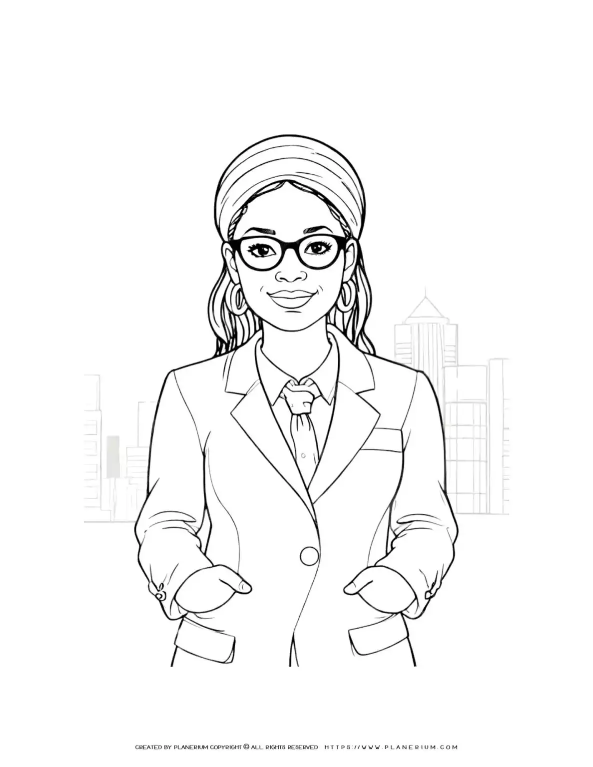 Professional businesswoman wearing glasses and a suit, perfect for coloring. Ideal for educational purposes and stress relief activities.