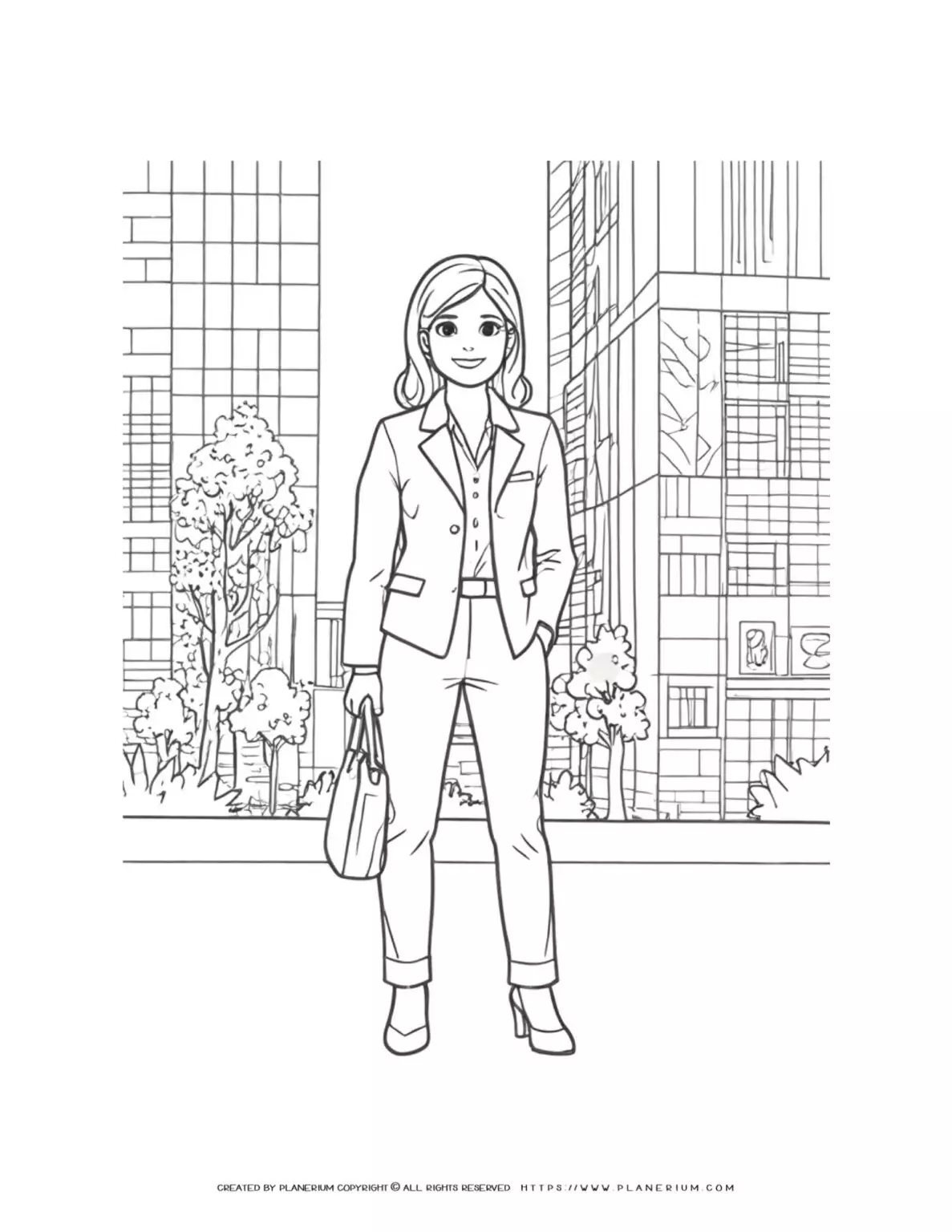 City businesswoman with a stylish bag coloring page for adults. Perfect stress-relief activity for professionals. Ideal for relaxation and creativity.