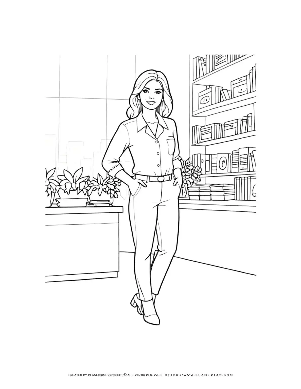 Businesswoman in office setting coloring page for adults. Detailed full-body illustration perfect for stress relief and relaxation.