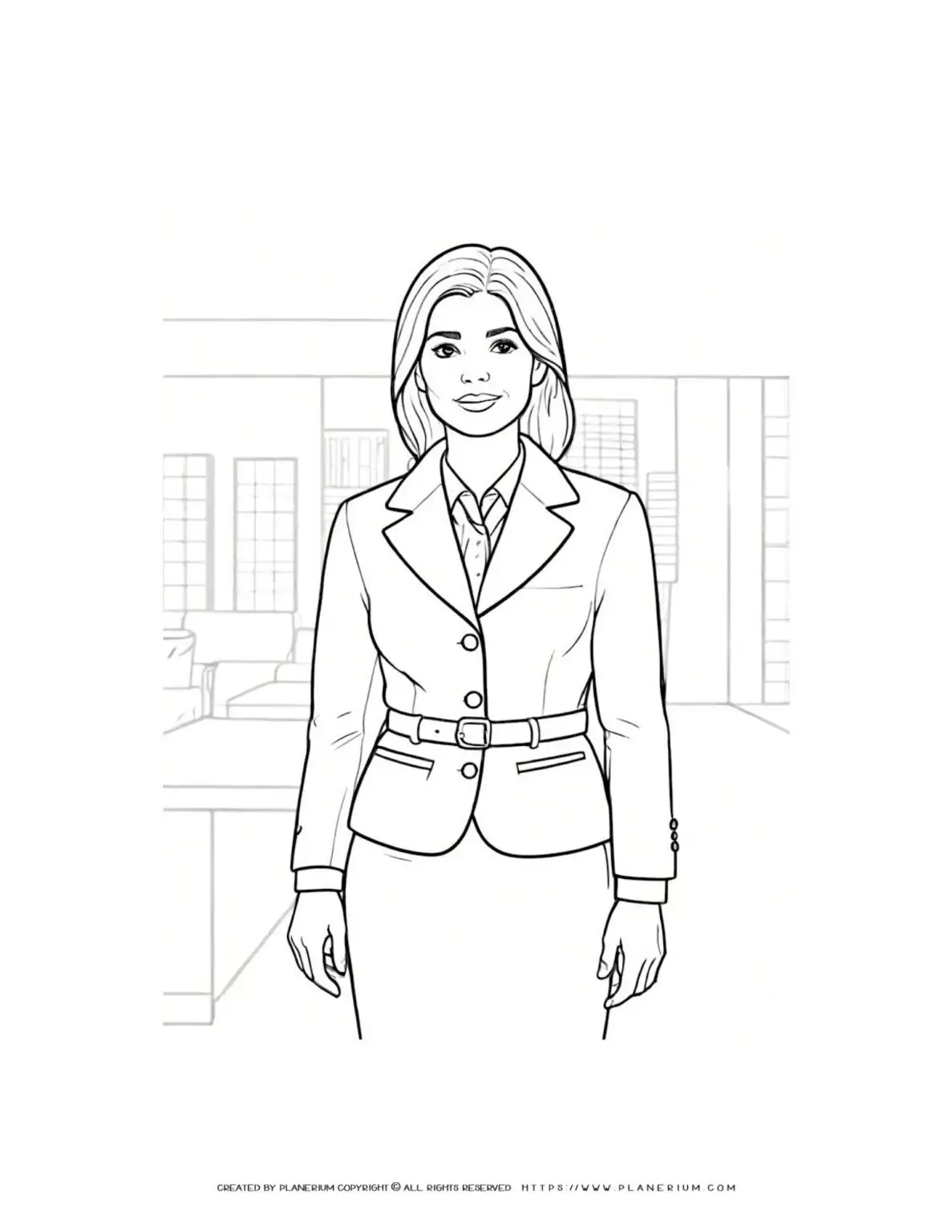Professional businesswoman coloring sheet for office use. Perfect for stress relief and relaxation. Ideal for adults and children.
