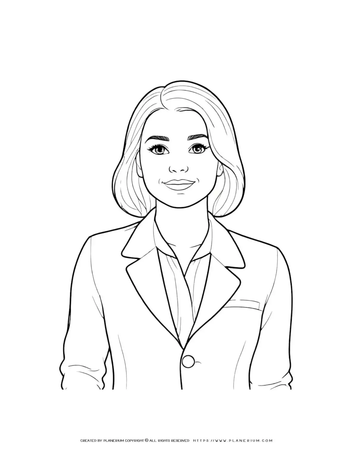 Businesswoman illustration coloring page for adults. Perfect for stress relief and relaxation. Ideal for business-themed coloring books.