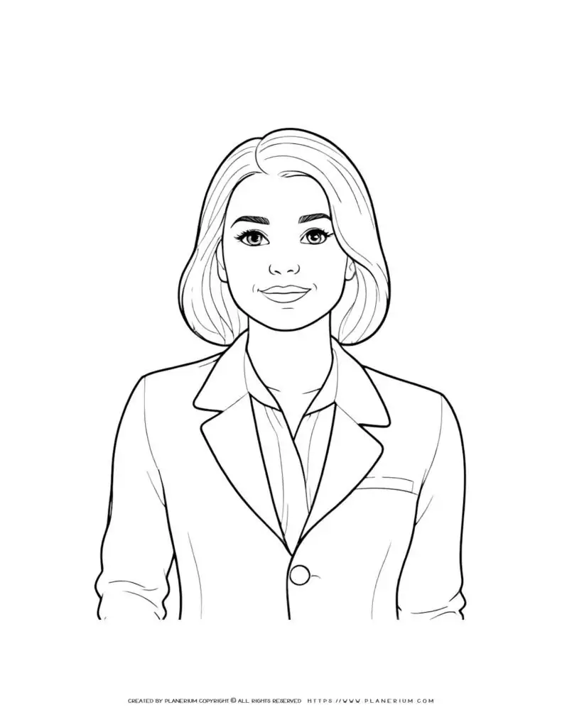 Businesswoman illustration coloring page for adults. Perfect for stress relief and relaxation. Ideal for business-themed coloring books.