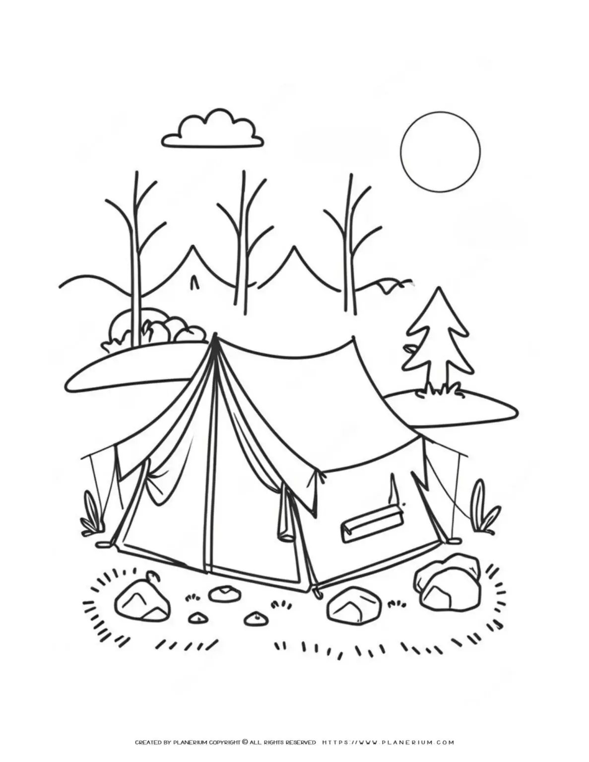 Camping tent in mountains coloring page