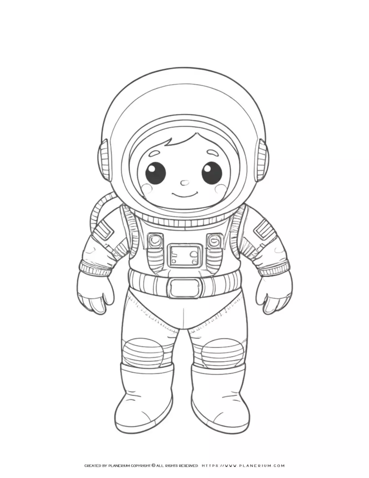 Coloring page of cartoon astronaut boy characters for kids to enjoy. Perfect for developing creativity and imagination skills.