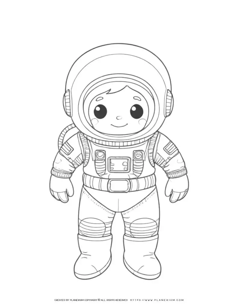 Coloring page of cartoon astronaut boy characters for kids to enjoy. Perfect for developing creativity and imagination skills.