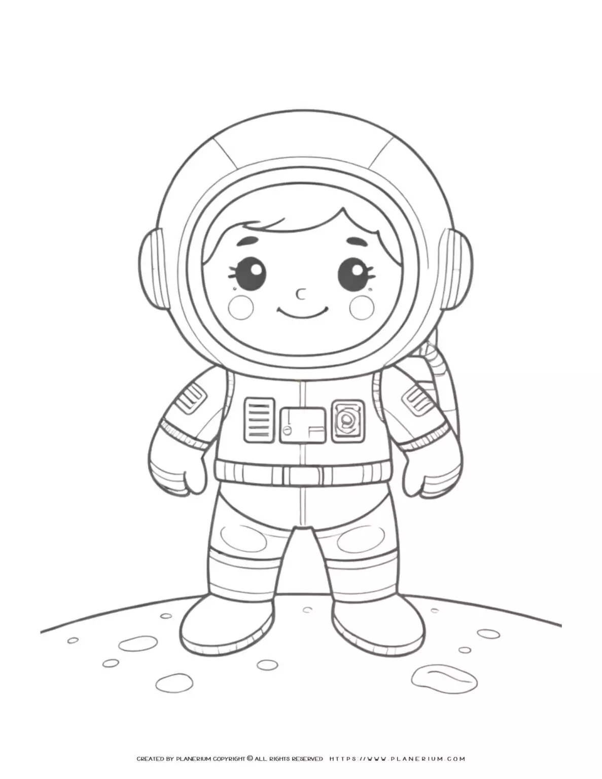Cartoon astronaut boy on moon coloring page for kids - fun and educational activity for children interested in space exploration.