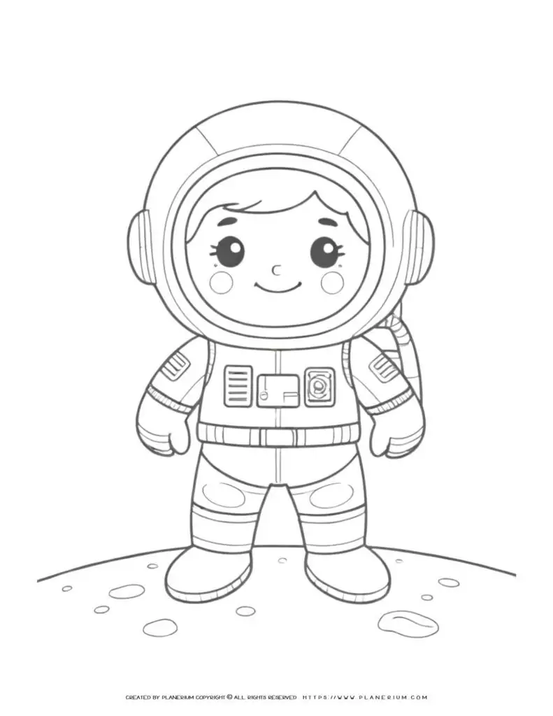 Cartoon astronaut boy on moon coloring page for kids - fun and educational activity for children interested in space exploration.