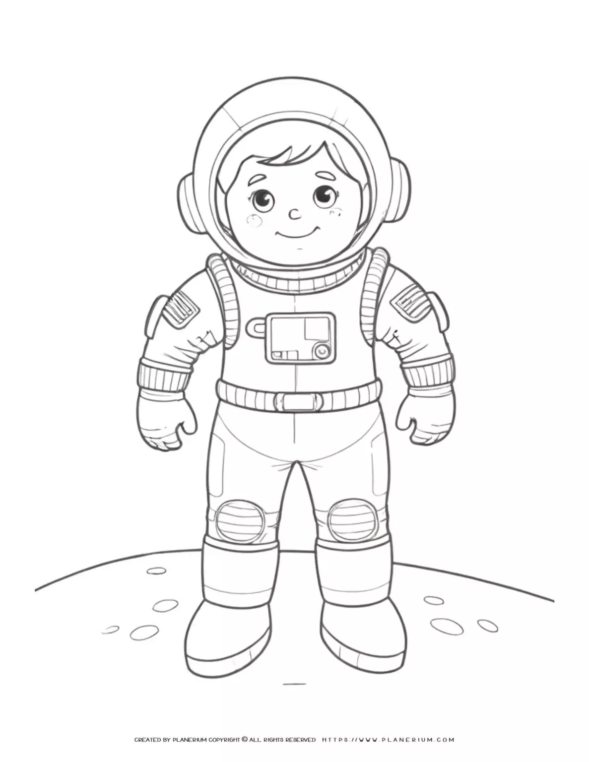 Cartoon astronaut boy on lunar surface, outline illustration for children's book or educational project.