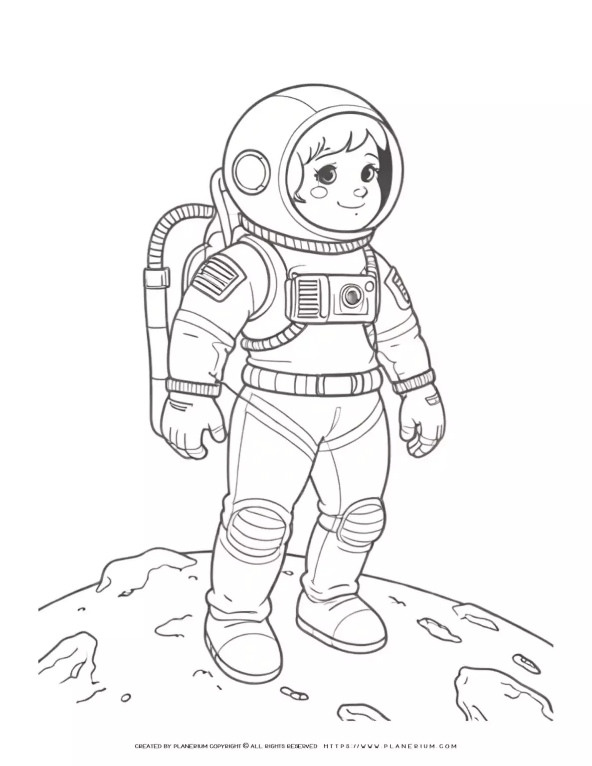 Cartoon astronaut child on lunar surface coloring sheet for kids.