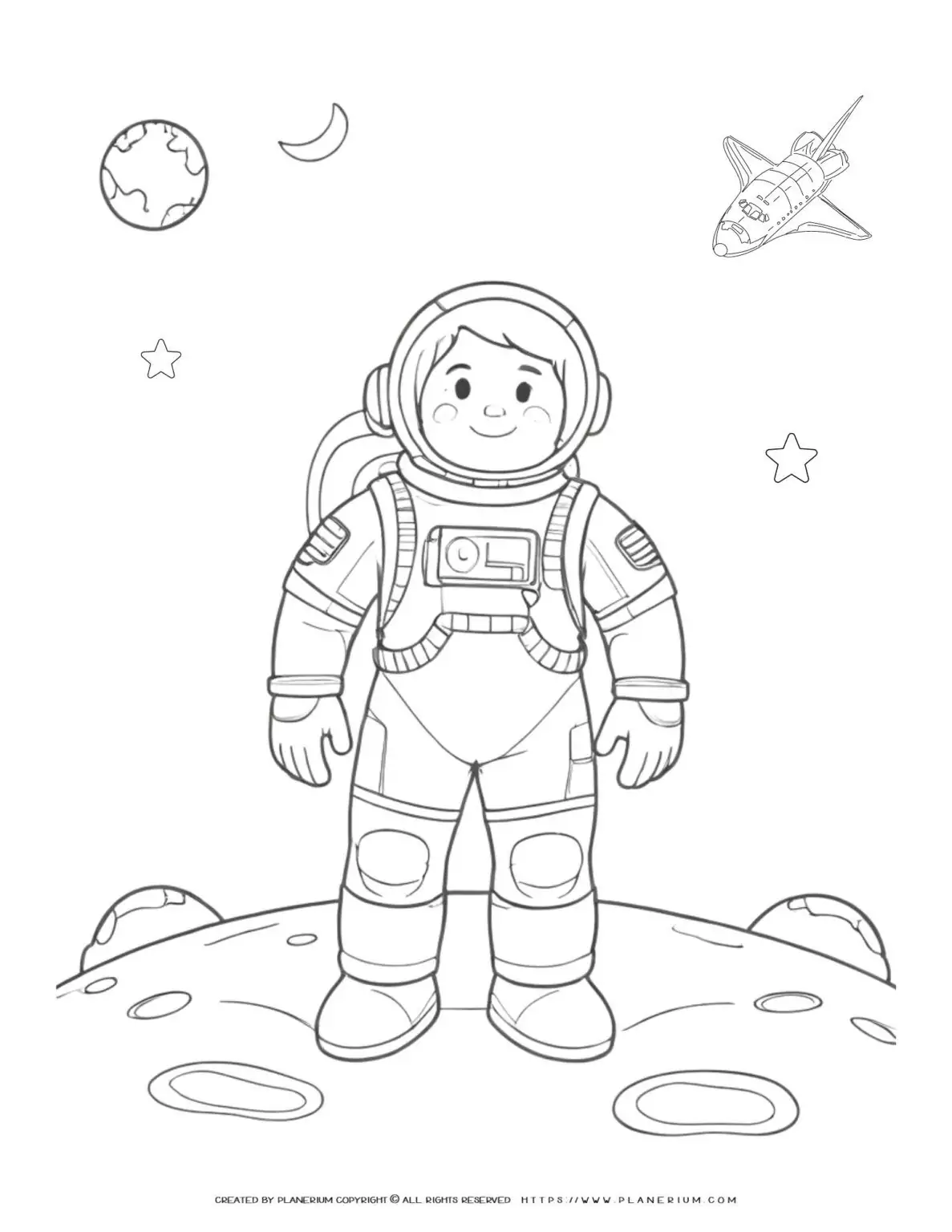 Coloring page illustration of a cartoon astronaut on the moon surface