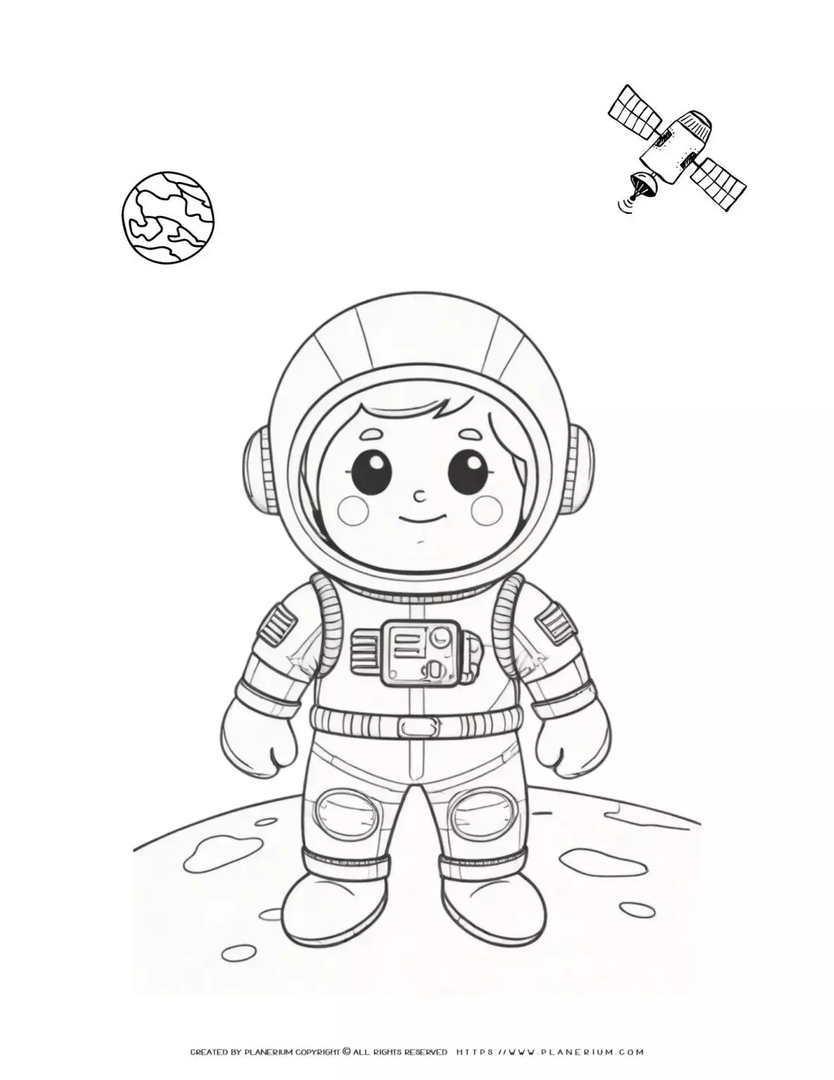 Cartoon astronaut exploring moon surface with Earth and satellite in the background. Ideal for space enthusiasts and science lovers.