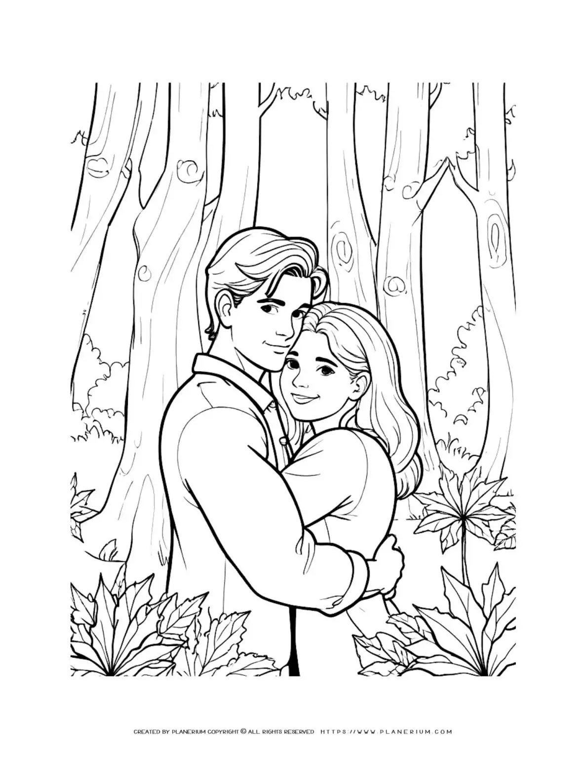 Couple hugging in the forest coloring page